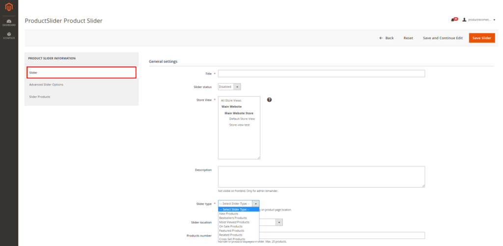 how to set silder general information in Magento 2 auto recommendation extension