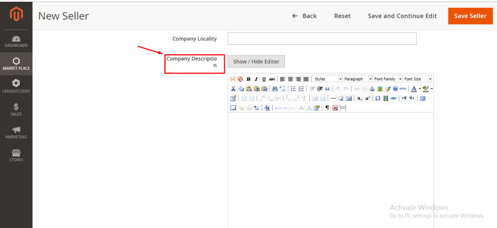 add seller company description in Magento 2 marketplace extension