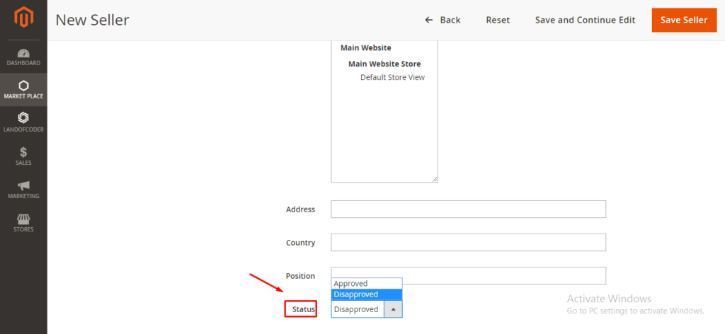 set seller status in magento 2 marketplace plugin